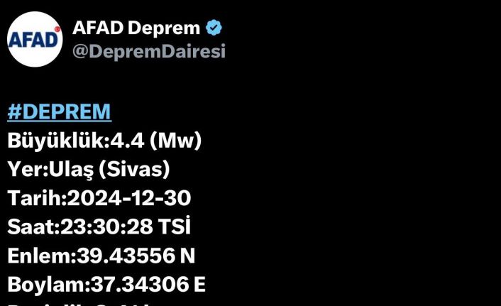 Sivas Ulaş’ta 4,4 büyüklüğünde deprem: Hasar tespit edilmedi