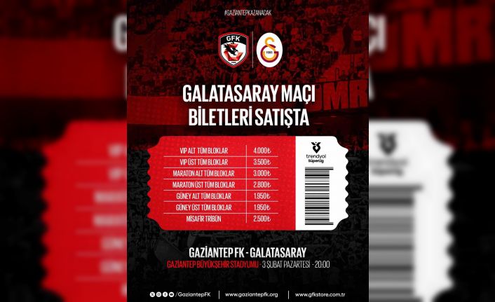 Gaziantep FK-Galatasaray maçı biletleri satışta