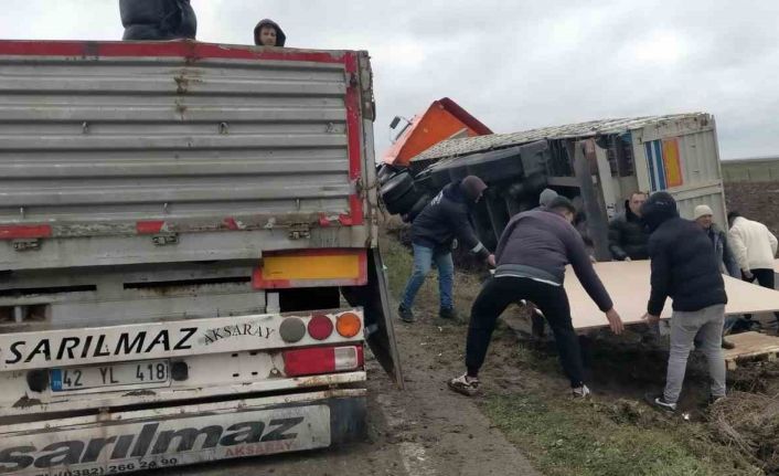 Kontrolden çıkan kamyon tarlaya devrildi