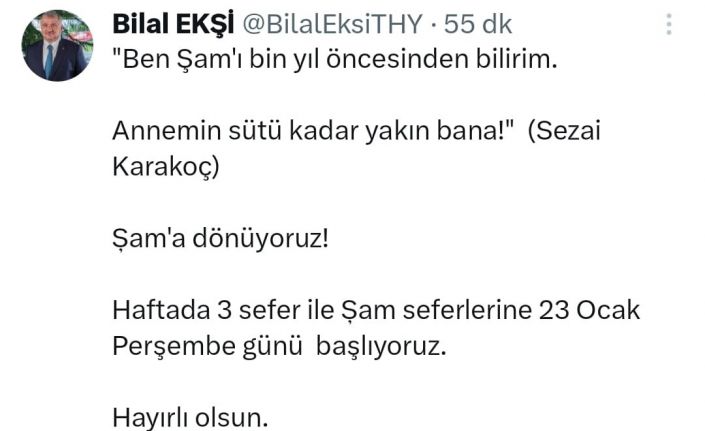 THY Şam seferleri başlıyor