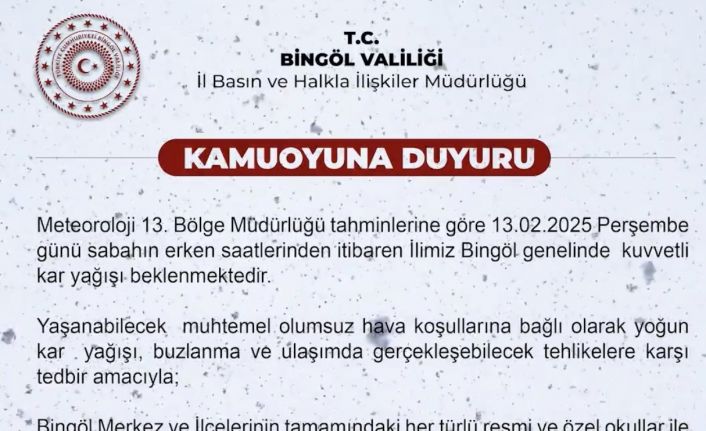 Bingöl’de eğitime 1 gün ara verildi
