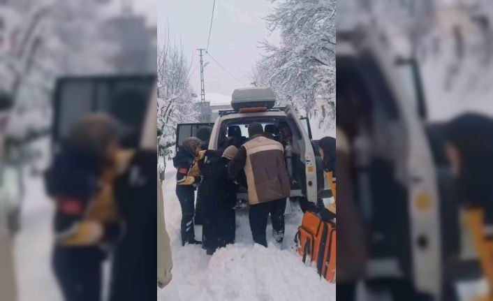 Yolu kapanan köydeki hasta kadın paletli ambulansla hastaneye ulaştırıldı