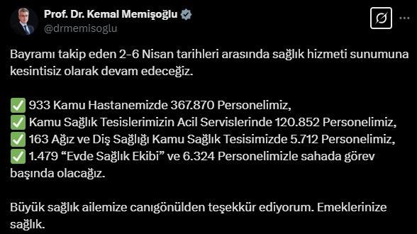 Bakan Memişoğlu: "2-6 Nisan tarihlerinde sağlık hizmetine devam edeceğiz"
