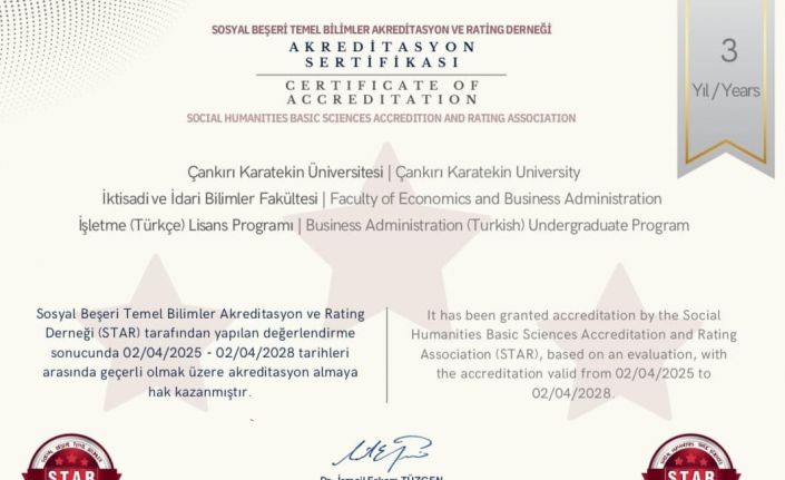 Çankırı Karatekin Üniversitesi’ndeki bir bölüme 3 yıllık akreditasyon belgesi