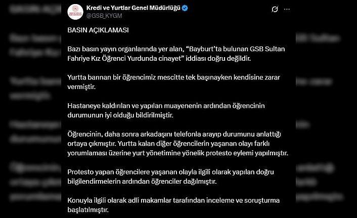 KYK, Bayburtta yurtta cinayet işlendiği iddiasını yalanladı
